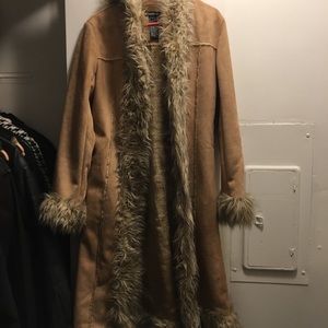 BeBe tan hooded suede coat